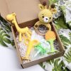 Flanah Teething Toy for Baby and Rattler Teether (Set of 5) BPA Free Natural Organic Silicone Baby Set Include 3 Teether for Baby 1 Giraffe Rattling Natural Wooden Ring Toy 1 Soothing Fruit Feeder for Newborn