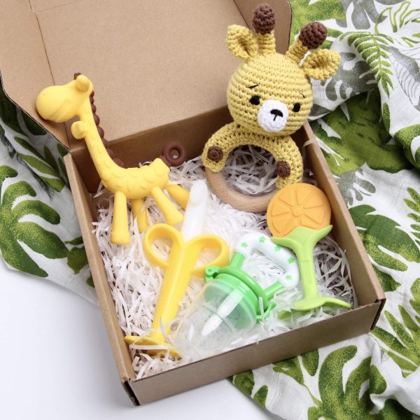Flanah Teething Toy for Baby and Rattler Teether (Set of 5) BPA Free Natural Organic Silicone Baby Set Include 3 Teether for Baby 1 Giraffe Rattling Natural Wooden Ring Toy 1 Soothing Fruit Feeder for Newborn