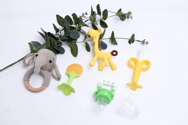 Flanah Teething Toy for Baby and Rattler Teether(Set of 5) BPA Free Natural Organic Silicone Baby Set Include 3 Teether for Baby 1 Elephant Rattling Natural Wooden Ring Toy 1 Soothing Fruit Feeder for Newborn