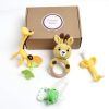 Flanah Teething Toy for Baby and Rattler Teether (Set of 5) BPA Free Natural Organic Silicone Baby Set Include 3 Teether for Baby 1 Giraffe Rattling Natural Wooden Ring Toy 1 Soothing Fruit Feeder for Newborn